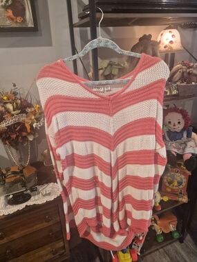 Coral and White Striped Knit Pullover